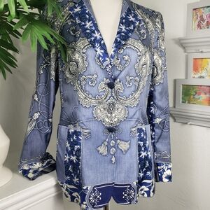 Etro RARE Blue & White Paisley Floral Italian Silk Art Deco Rococo Poet Revival